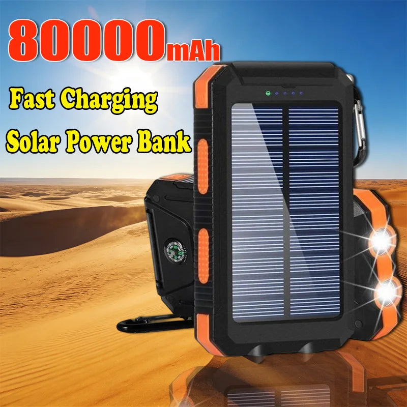 New Solar Power Bank 80000mAh Portable Charging Poverbank External Battery Charger Strong Light LDE Light For All Smartphones