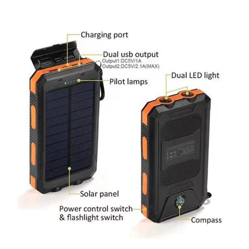 20000mah Waterproof Solar Powerbank Portable Large Capacity Charger Solar Fast Charging Waterproof With Compass For Ios Android