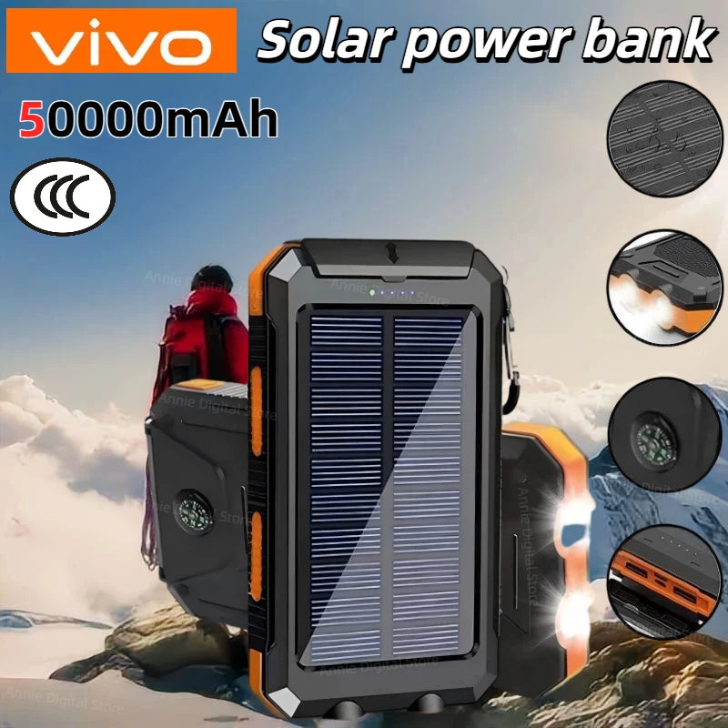 VIVO Waterproof Outdoor Solar Power Bank 50000mAh Dual USB Travel Outdoor Solar Mobile Phone Charger Solar Powerbank For Camping